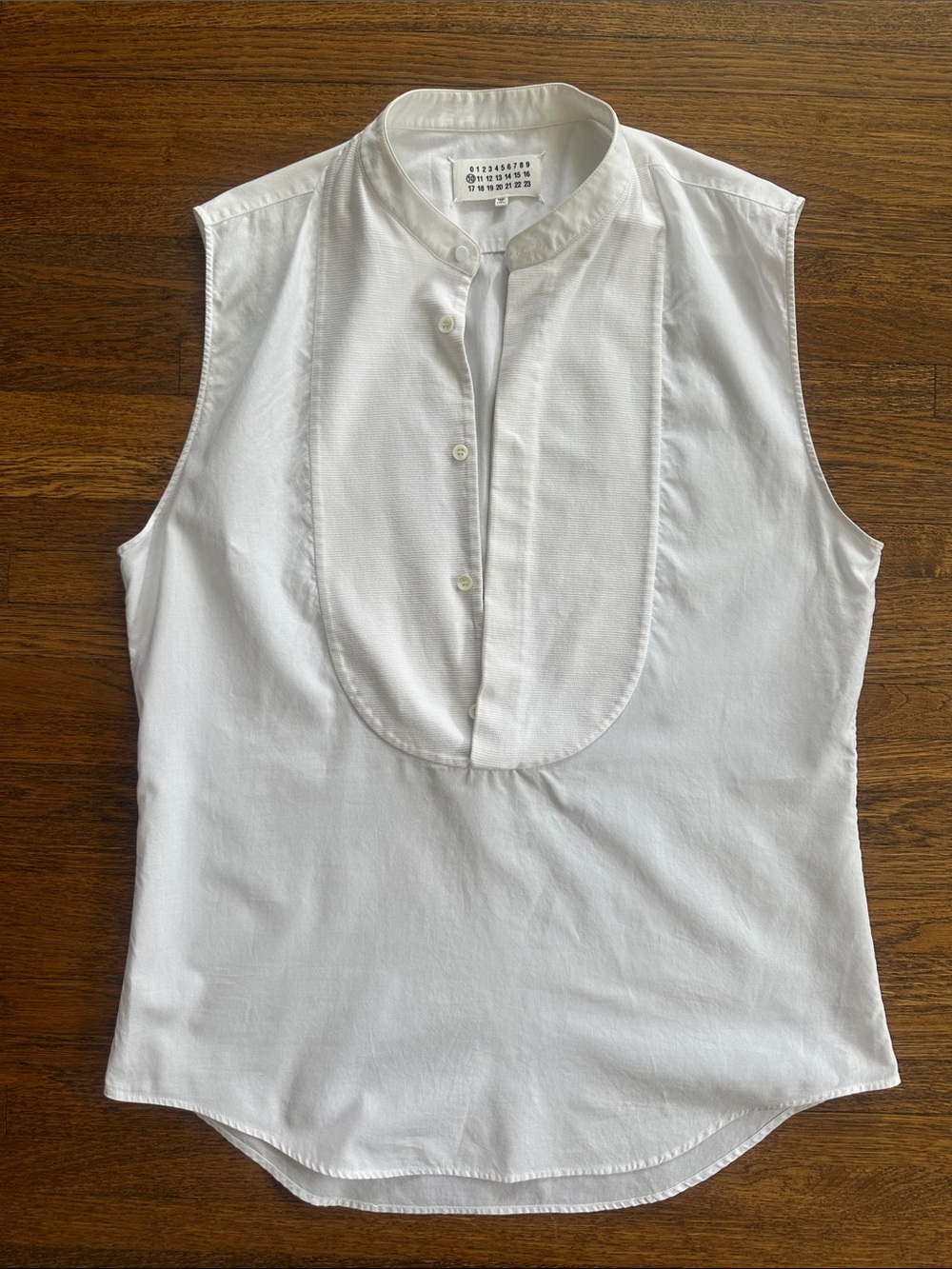 Maison Martin Margiela Sleeveless White Tuxedo Bib-Front Cotton Top